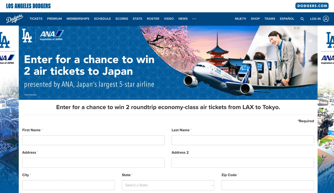 Official Dodgers and ANA sweepstakes form offering two roundtrip tickets to Japan.