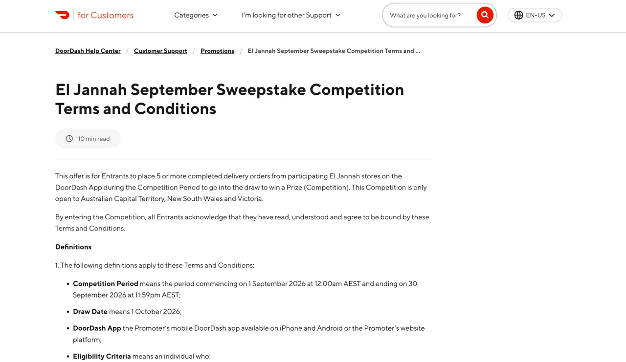 Official DoorDash Help Center terms page for the El Jannah September Sweepstake Competition.