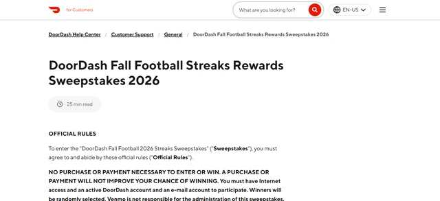 DoorDash Fall Football Streaks Rewards Sweepstakes 2026 DoorDash Help Center page for the Fall Football Streaks Rewards Sweepstakes 2026 official rules