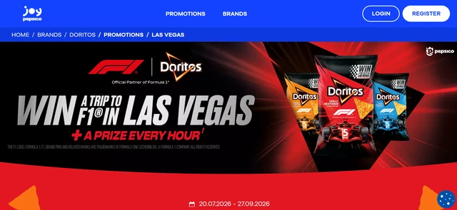 Doritos and Formula 1 Las Vegas promotion artwork with Doritos packs and a Las Vegas trip message