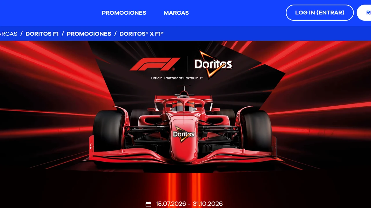 Doritos x F1 2026: premios y Gran Premio de Las Vegas Captura de la promoción Doritos x F1 2026 con el coche de Fórmula 1 y la campaña del Gran Premio de Las Vegas