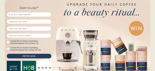 Official Dose & Co and Smeg competition page showing the coffee bundle prize.