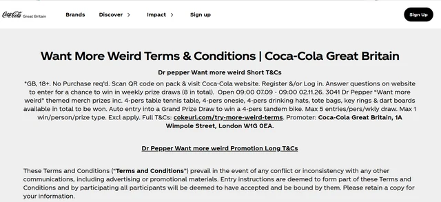 Dr Pepper Want More Weird terms page on Coca-Cola Great Britain