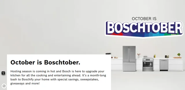 Bosch Boschtober page with the Boschtober logo beside a French door refrigerator, gas range and dishwasher in a white kitchen.