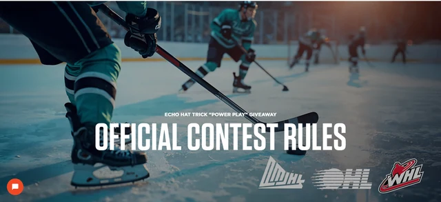 Official rules page for the Echo Hat Trick “Power Play” Giveaway with hockey imagery and league logos.