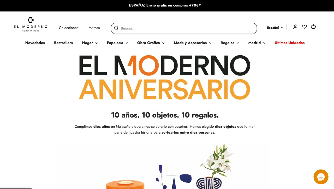 Página oficial de El Moderno por su décimo aniversario, con el mensaje 10 años, 10 objetos, 10 regalos.