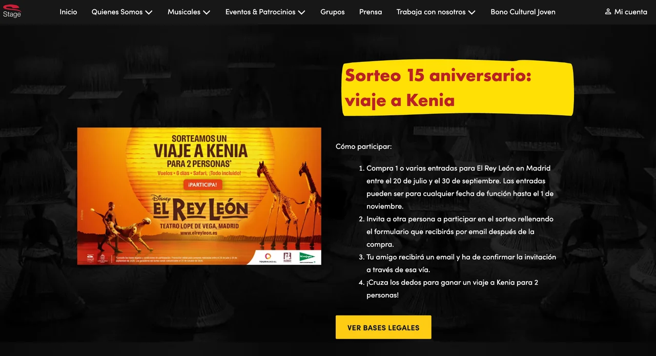 Sorteo El Rey León 15º aniversario: viaje a Kenia Página oficial de Stage con el sorteo del 15º aniversario de El Rey León y el premio de un viaje a Kenia.