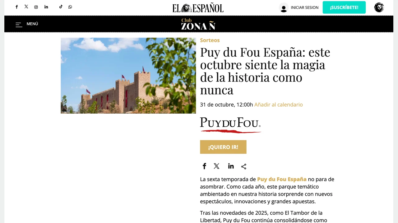 Promoción de EL ESPAÑOL Zona Ñ para ganar entradas cuádruples para Puy du Fou España.