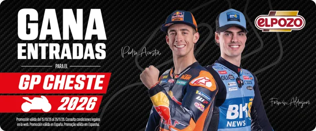 Banner de la web de la promoción de ElPozo con el mensaje «Gana entradas para el GP Cheste 2026» y dos pilotos de MotoGP.