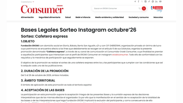 Bases legales del sorteo de Instagram de EROSKI Consumer de octubre de 2026.