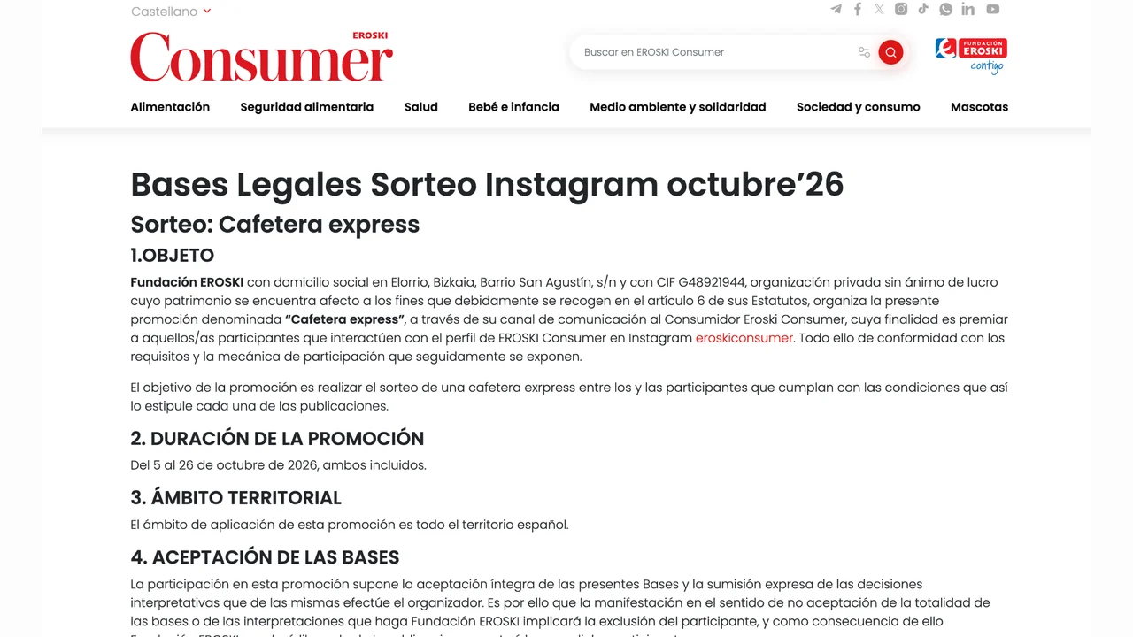 Bases legales del sorteo de Instagram de EROSKI Consumer de octubre de 2026.