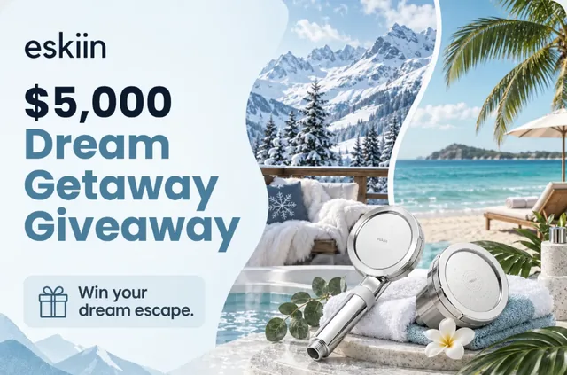 eskiin $5,000 Dream Getaway Giveaway banner with a snowy mountain and a tropical beach scene and two filtered showerheads on a stone ledge.