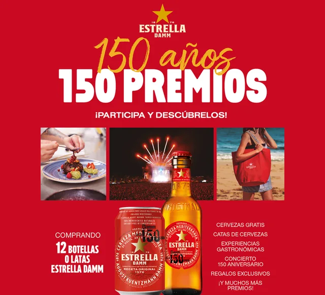 Página de la promoción Estrella Damm 150 años, 150 premios, con imágenes de un plato, un concierto y un bolso de playa y una lata y una botella de Estrella Damm.