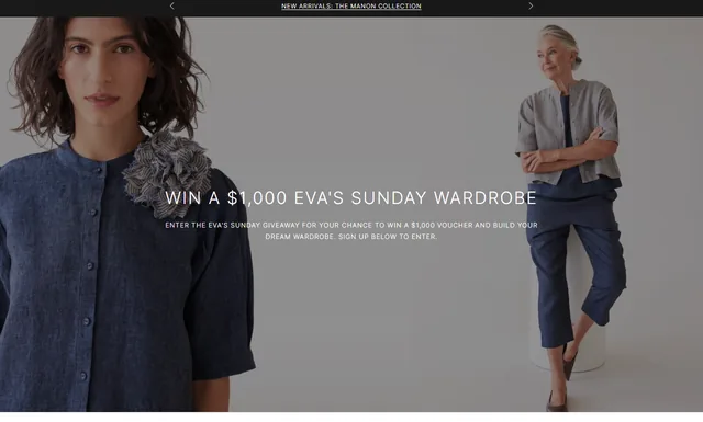 Eva's Sunday giveaway page with the headline "Win a $1,000 Eva's Sunday wardrobe" over a photo of two models.