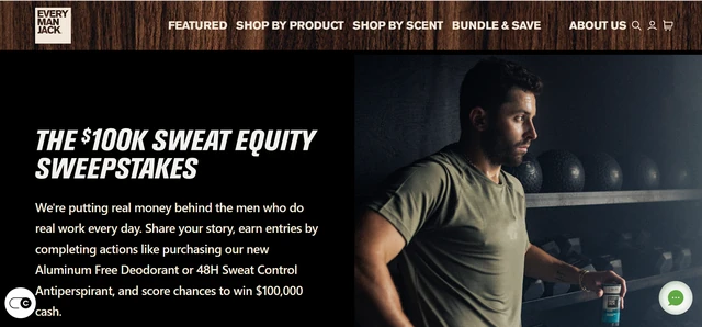 Every Man Jack $100K Sweat Equity Sweepstakes Every Man Jack Sweat Equity Sweepstakes page featuring the $100,000 cash prize campaign
