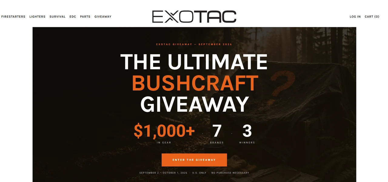 EXOTAC Ultimate Bushcraft Giveaway September 2026 EXOTAC giveaway page promoting the September 2026 Ultimate Bushcraft Giveaway