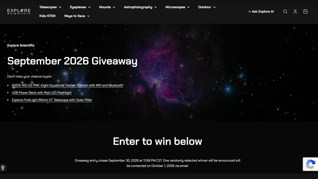 Explore Scientific September 2026 Giveaway page with the astronomy prize bundle.