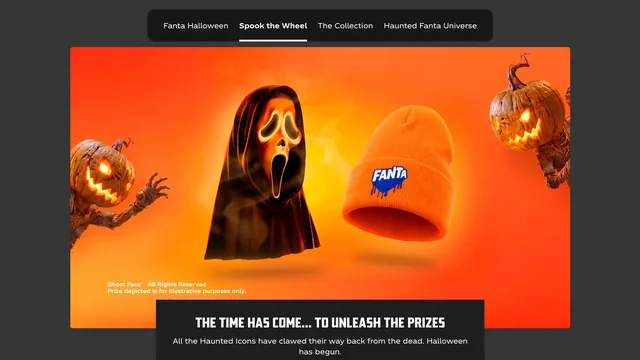 Official Fanta Halloween Spook the Wheel page showing a Ghost Face mask and orange Fanta beanie