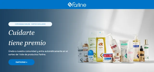 Página oficial del sorteo exclusivo de la comunidad Farline con el mensaje «Cuídate tiene premio» y varios productos de la marca.