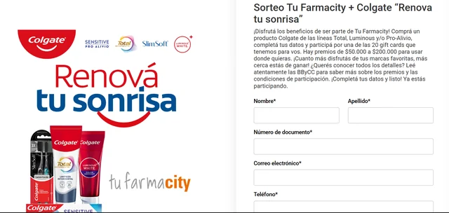 Tu Farmacity + Colgate — Renová tu sonrisa 2026 Promoción Tu Farmacity + Colgate Renová tu sonrisa con formulario y premios en gift cards
