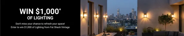 Fat Shack Vintage banner reading 'Win $1,000 of lighting' beside a night-time terrace with lit wall lanterns and a city skyline.