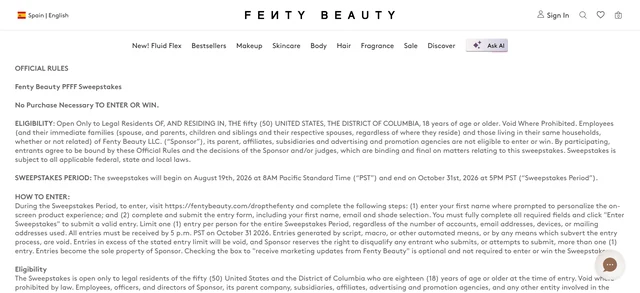 Official Fenty Beauty rules page for the PFFF Sweepstakes.