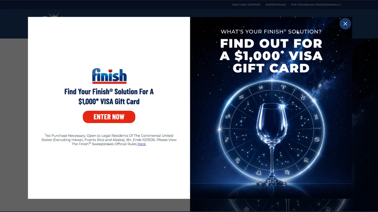 Finish sweepstakes creative offering a $1,000 Visa gift card.