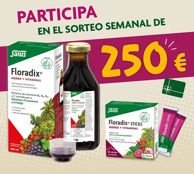 Página oficial de la promoción de Floradix con el mensaje «Participa en el sorteo semanal de 250 €» y los productos Floradix.
