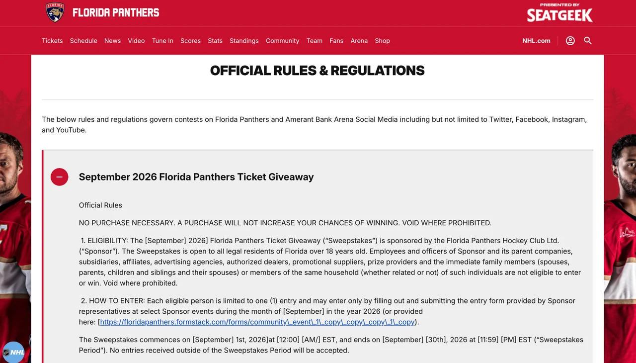 Florida Panthers official contest rules page showing the September 2026 Florida Panthers Ticket Giveaway.