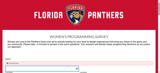 Florida Panthers Women’s Programming Survey page with the club logo and the introduction inviting fans to answer a short survey.