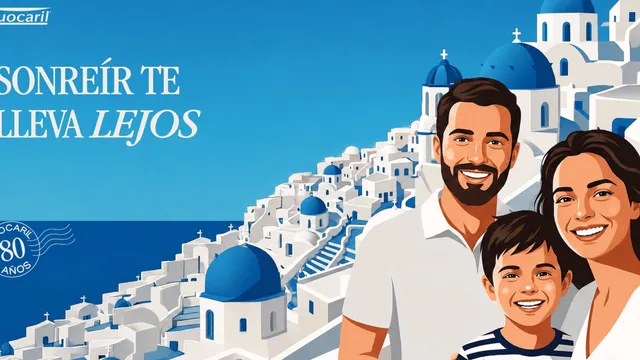 Ilustración de la promoción Fluocaril Sonreír te lleva lejos con Santorini y una familia