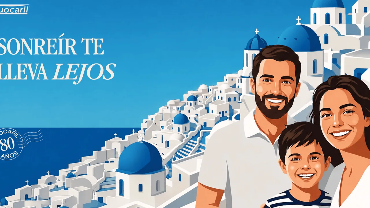 Fluocaril 80 aniversario: 8 viajes a Santorini Ilustración de la promoción Fluocaril Sonreír te lleva lejos con Santorini y una familia