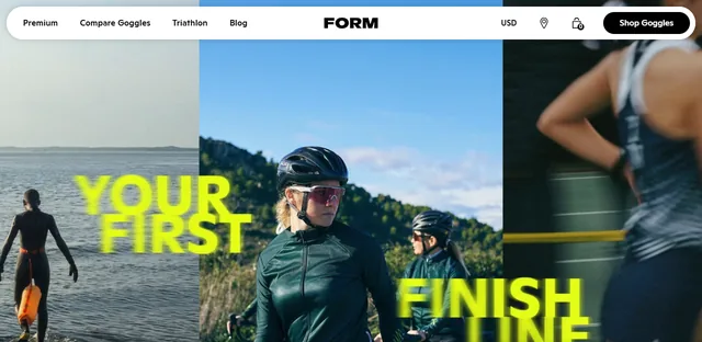FORM's Your First Finish Line contest page showing triathletes swimming, cycling and running next to the headline «Your First Finish Line».