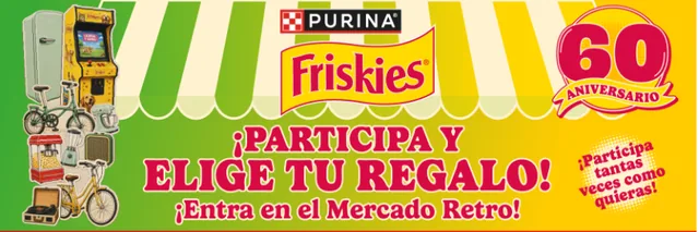 Banner de la campaña del 60 aniversario de Friskies con premios de estética vintage: frigorífico, bicicletas, máquina arcade, tocadiscos y el mensaje «Participa y elige tu regalo».