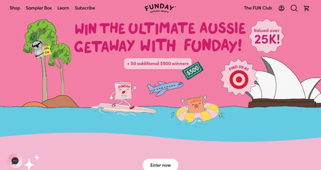 FUNDAY Natural Sweets getaway sweepstakes page showing the Sydney trip offer with colorful candy packages.