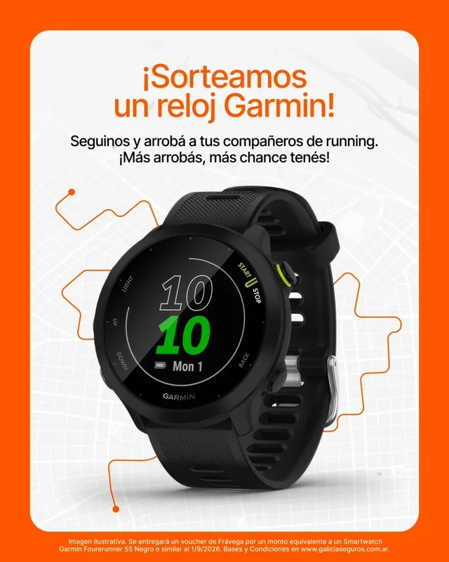 Galicia Seguros 2026: sorteo Garmin con voucher Frávega de $500.000 Creatividad oficial del sorteo de Galicia Seguros con referencia ilustrativa a un reloj Garmin