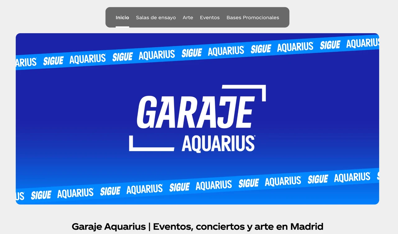Página oficial de Garaje Aquarius con la identidad visual azul de la campaña.