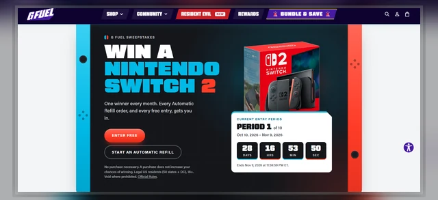 Official G FUEL Nintendo Switch 2 sweepstakes page showing the monthly entry period and prize image.