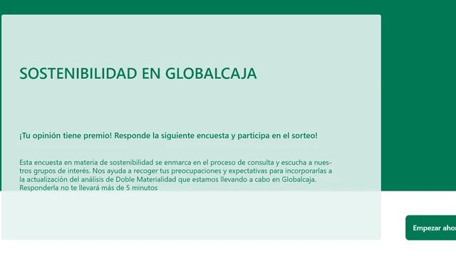 Página de la encuesta Sostenibilidad en Globalcaja que da acceso al sorteo de cinco tarjetas regalo de 100 euros