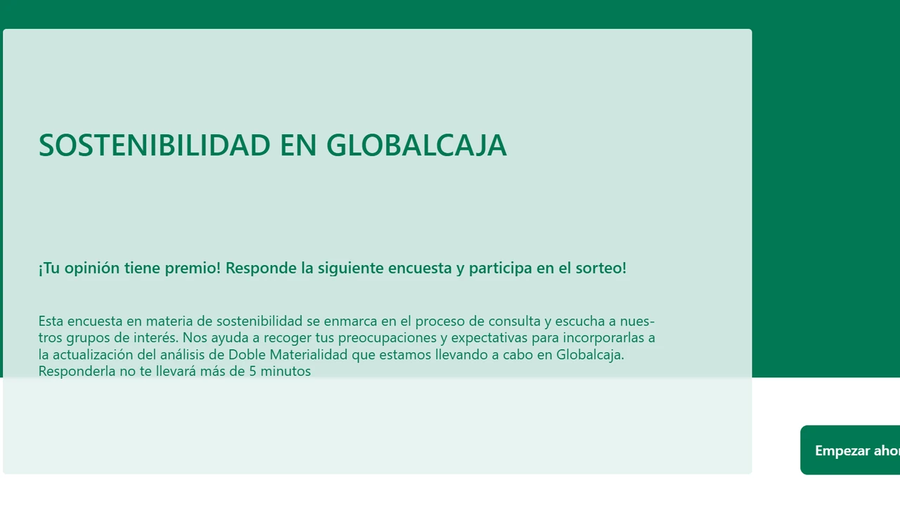 Globalcaja Sostenibilidad 2026: sorteo de tarjetas regalo Página de la encuesta Sostenibilidad en Globalcaja que da acceso al sorteo de cinco tarjetas regalo de 100 euros