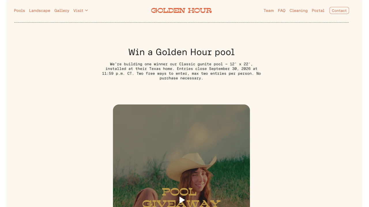 Golden Hour Pools official Win a Pool giveaway page with the entry form.