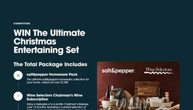 Good Food & Wine Show competition page showing the headline «Win the Ultimate Christmas Entertaining Set» and a salt&pepper and Wine Selectors prize photo.