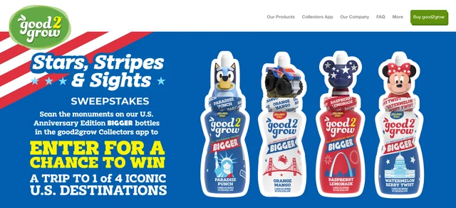 good2grow Stars, Stripes & Sights Sweepstakes 2026 Official good2grow Stars, Stripes & Sights Sweepstakes page with monument-themed bottles and trip prize artwork