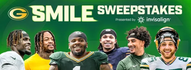 Official entry page for the Packers Smile Sweepstakes presented by Invisalign, with the Smile Sweepstakes banner showing six Packers players.