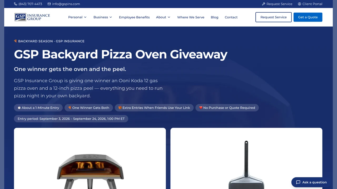 GSP Backyard Pizza Oven Giveaway 2026 Official GSP Insurance Group Backyard Pizza Oven Giveaway page.