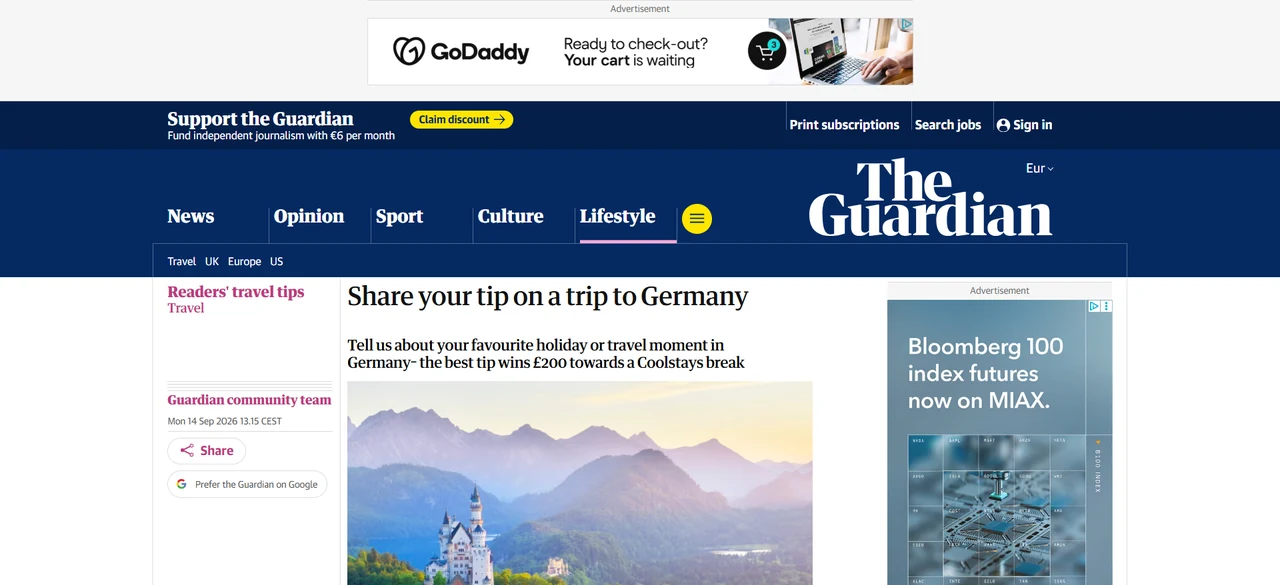 Official Guardian article page for the Share your tip on a trip to Germany competition.