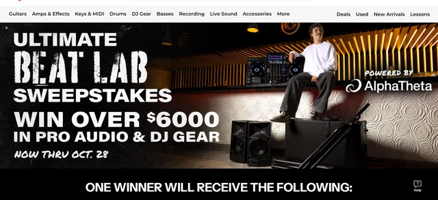 Official Guitar Center AlphaTheta Beat Lab Sweepstakes page advertising over $6,000 in DJ and pro-audio gear.
