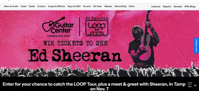 Official Guitar Center promotion artwork for the Ed Sheeran LOOP Tour flyaway sweepstakes.