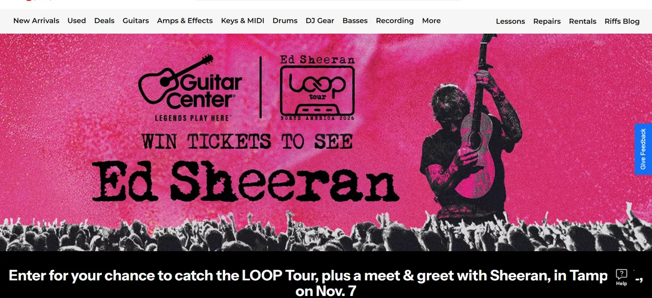 Official Guitar Center promotion artwork for the Ed Sheeran LOOP Tour flyaway sweepstakes.