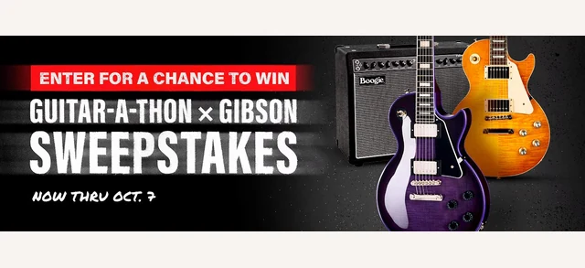 Official Guitar Center promotion artwork for the Guitar-A-Thon × Gibson Gear Giveaway sweepstakes.
